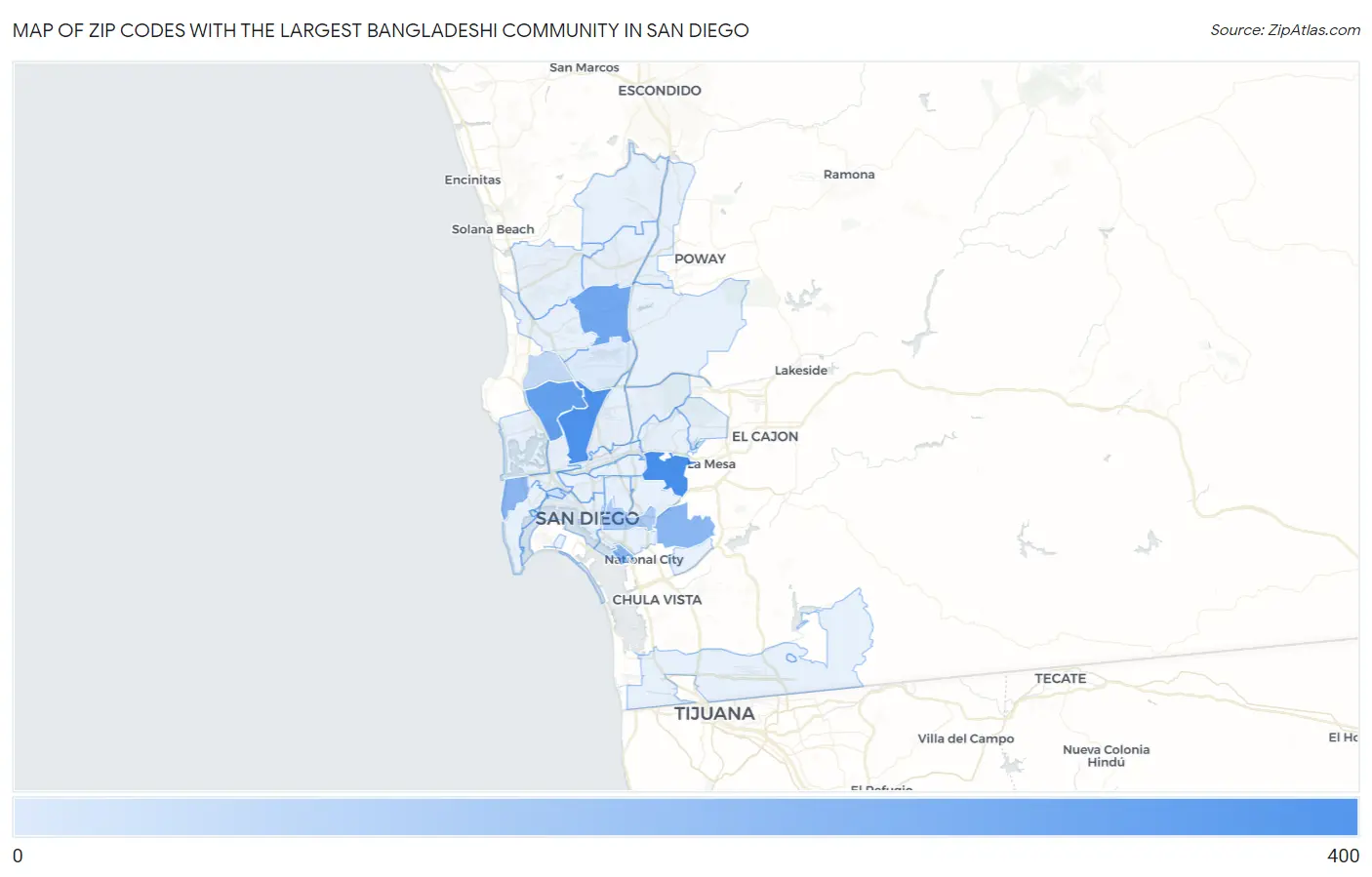 Zip Codes with the Largest Bangladeshi Community in San Diego Map