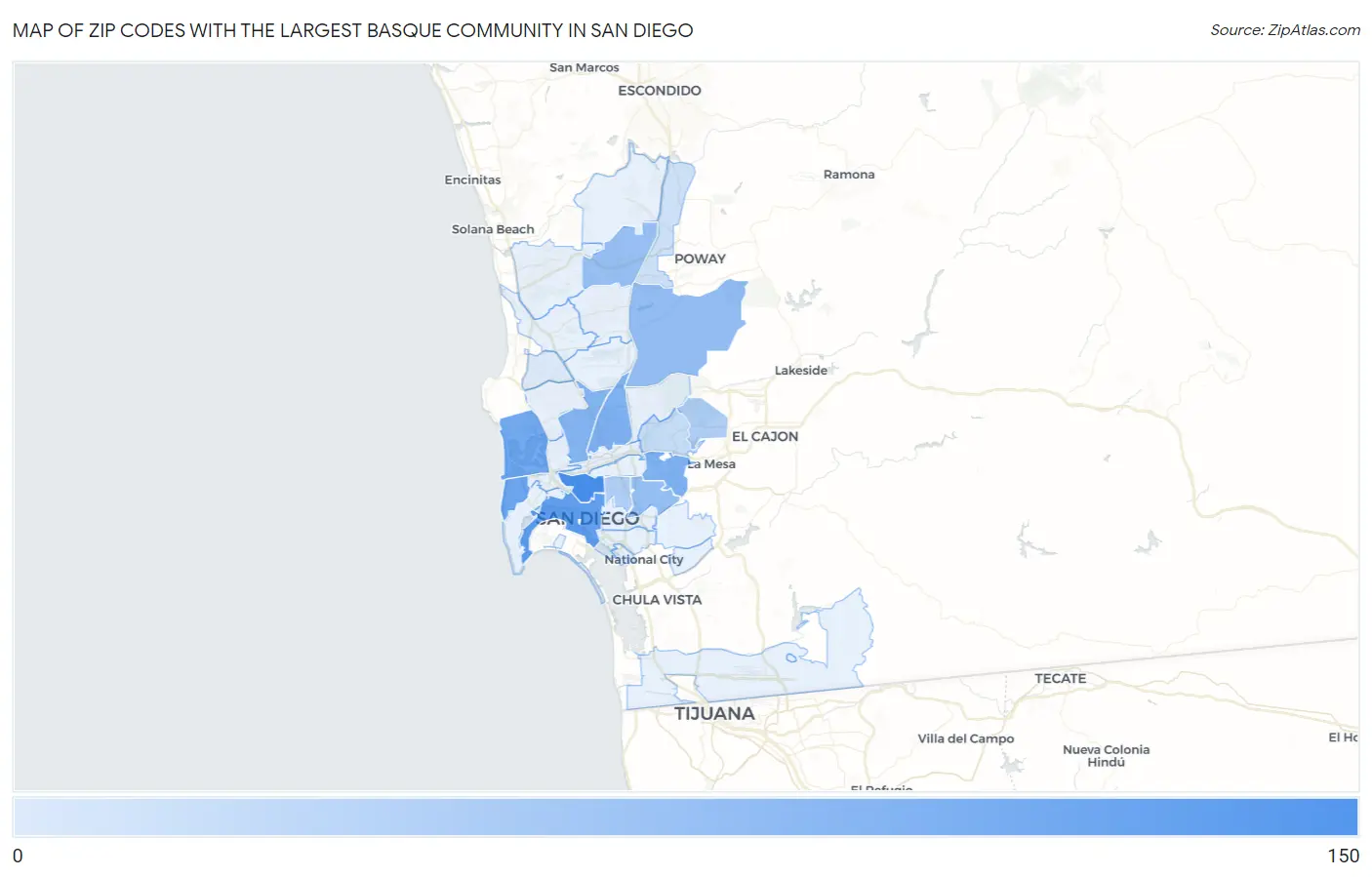 Zip Codes with the Largest Basque Community in San Diego Map