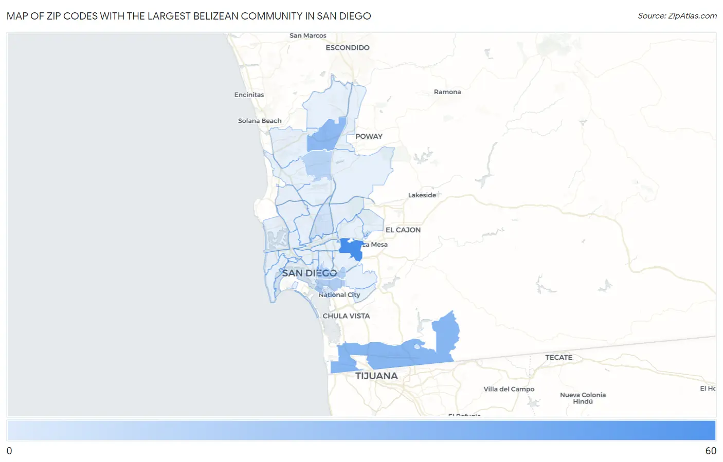 Zip Codes with the Largest Belizean Community in San Diego Map