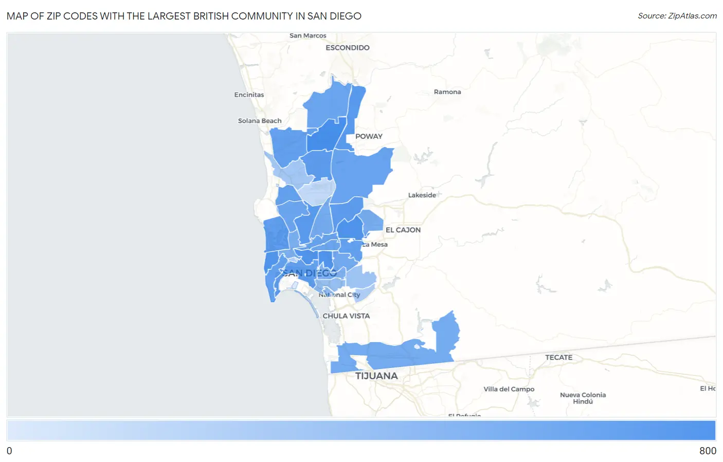 Zip Codes with the Largest British Community in San Diego Map
