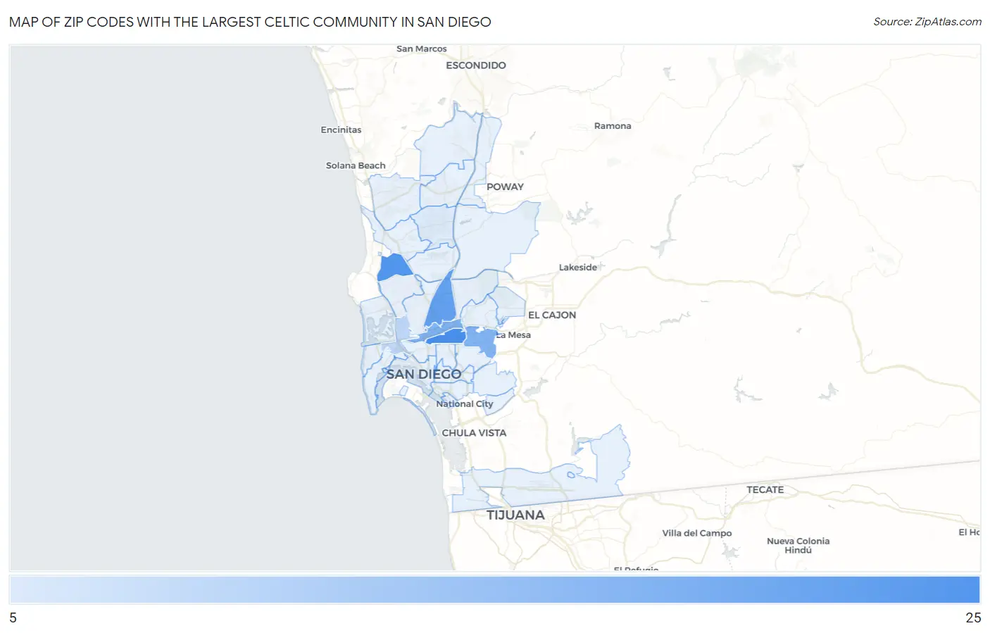 Zip Codes with the Largest Celtic Community in San Diego Map