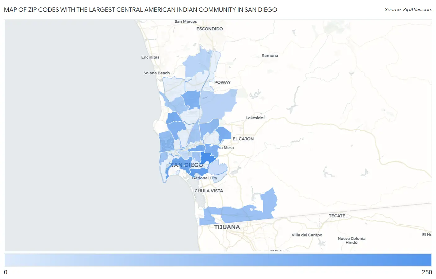 Zip Codes with the Largest Central American Indian Community in San Diego Map