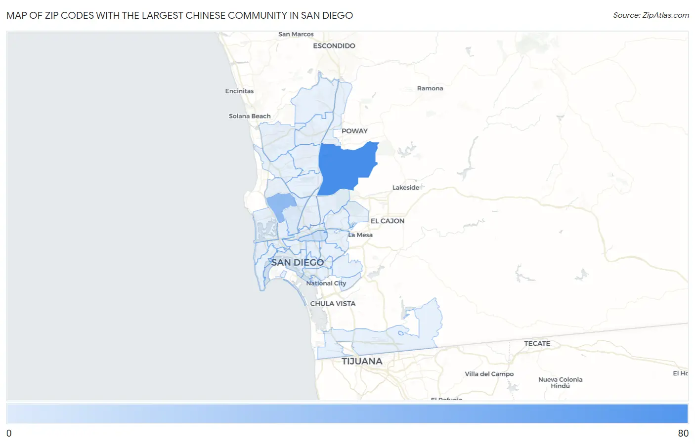 Zip Codes with the Largest Chinese Community in San Diego Map