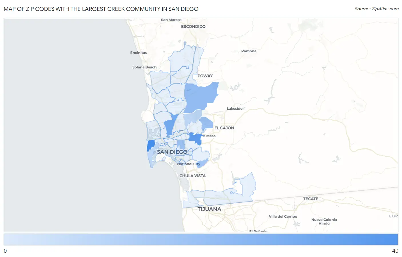 Zip Codes with the Largest Creek Community in San Diego Map