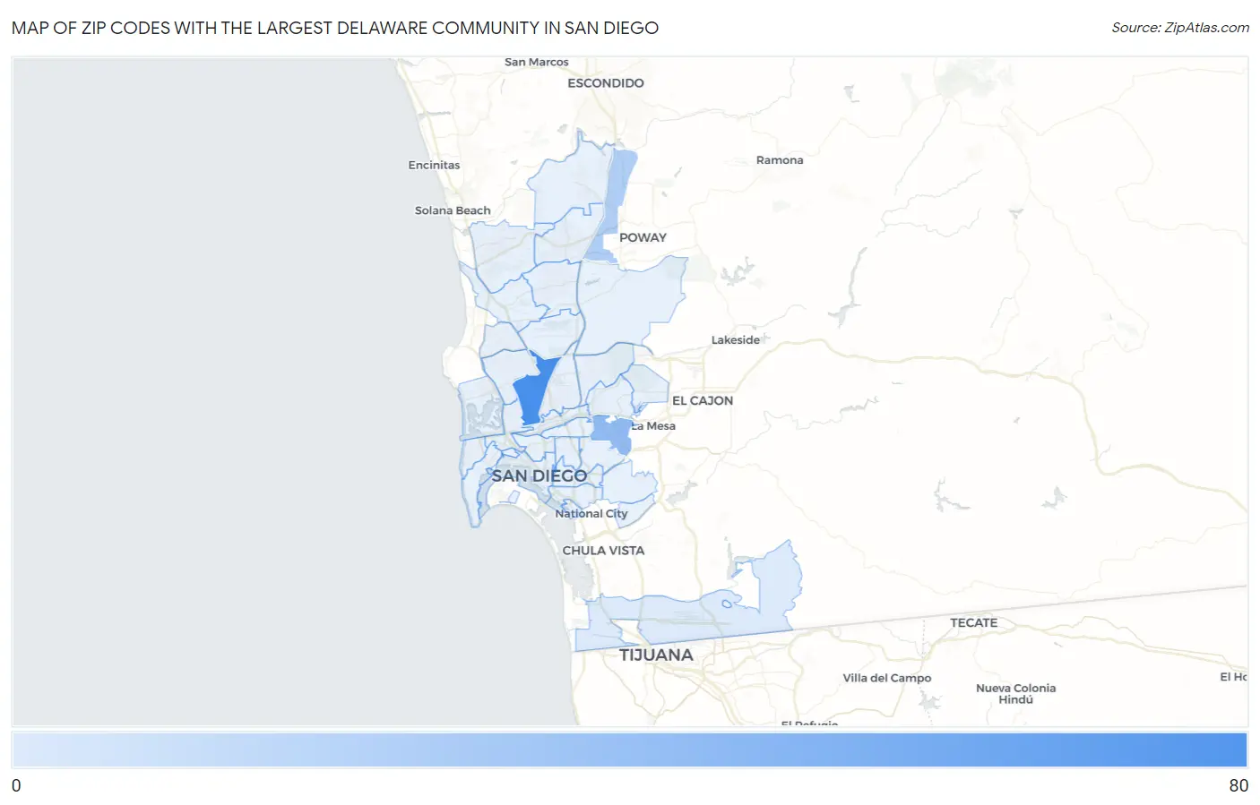 Zip Codes with the Largest Delaware Community in San Diego Map