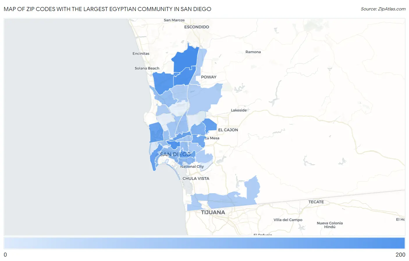 Zip Codes with the Largest Egyptian Community in San Diego Map