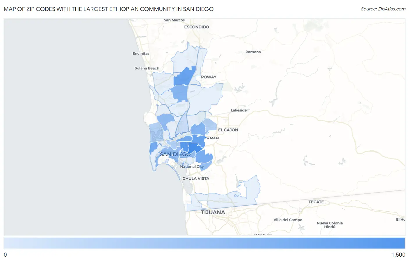Zip Codes with the Largest Ethiopian Community in San Diego Map