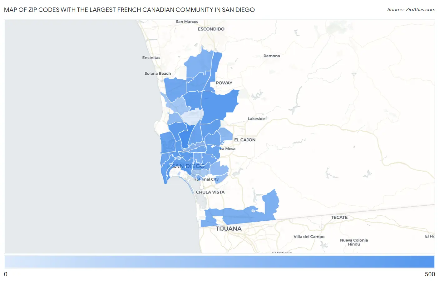 Zip Codes with the Largest French Canadian Community in San Diego Map