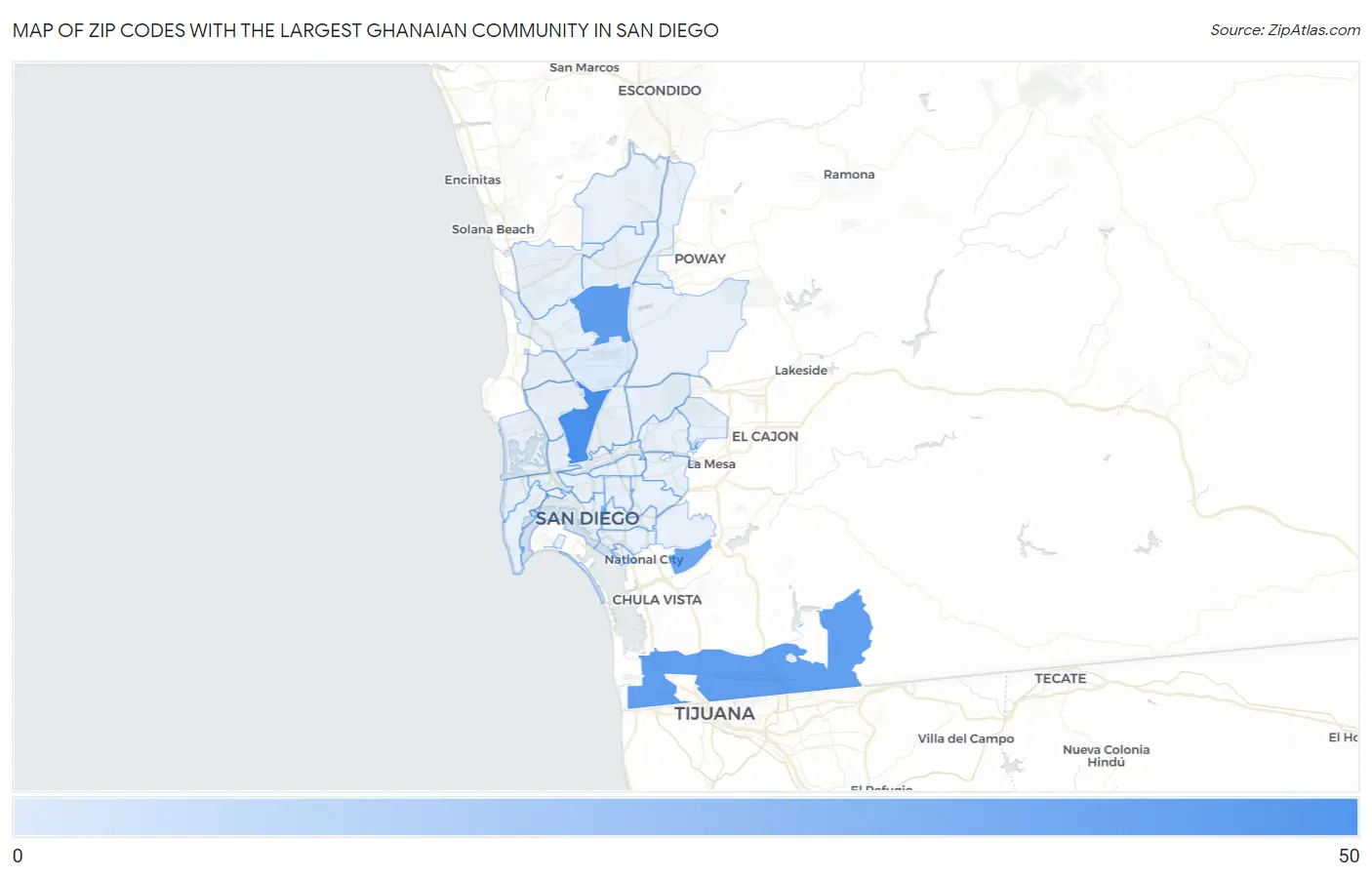 Zip Codes with the Largest Ghanaian Community in San Diego Map