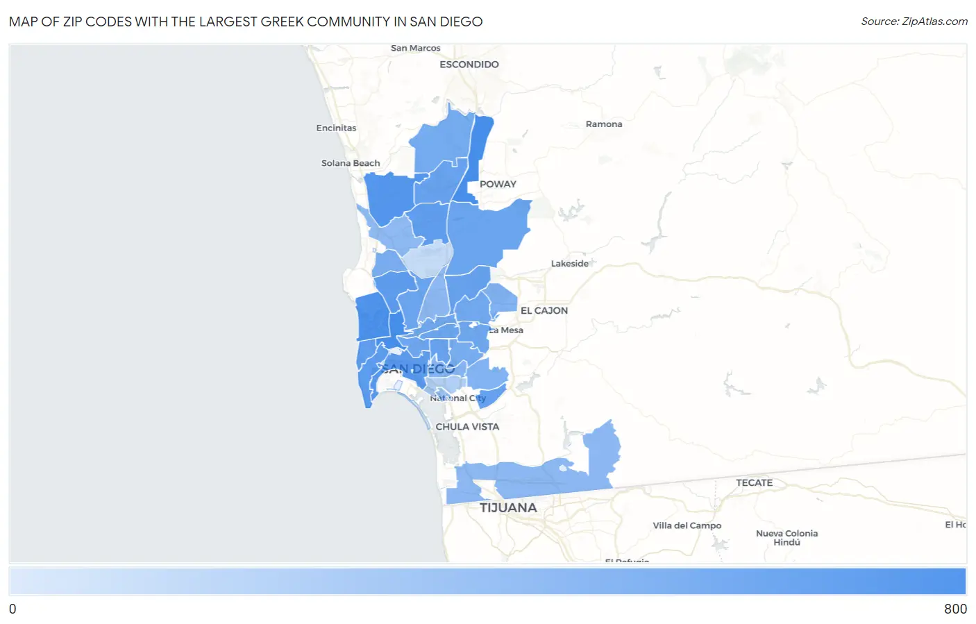 Zip Codes with the Largest Greek Community in San Diego Map