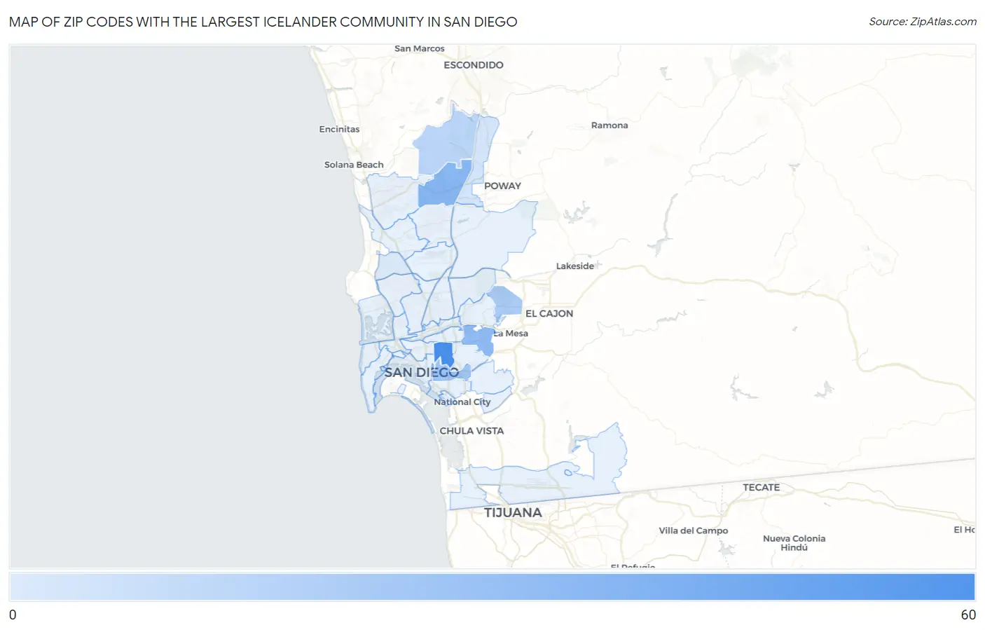 Zip Codes with the Largest Icelander Community in San Diego Map