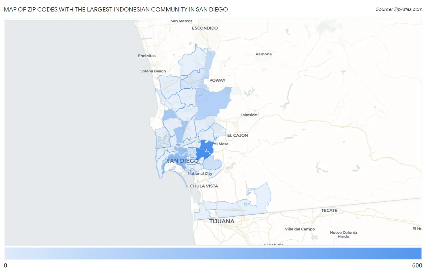 Zip Codes with the Largest Indonesian Community in San Diego Map