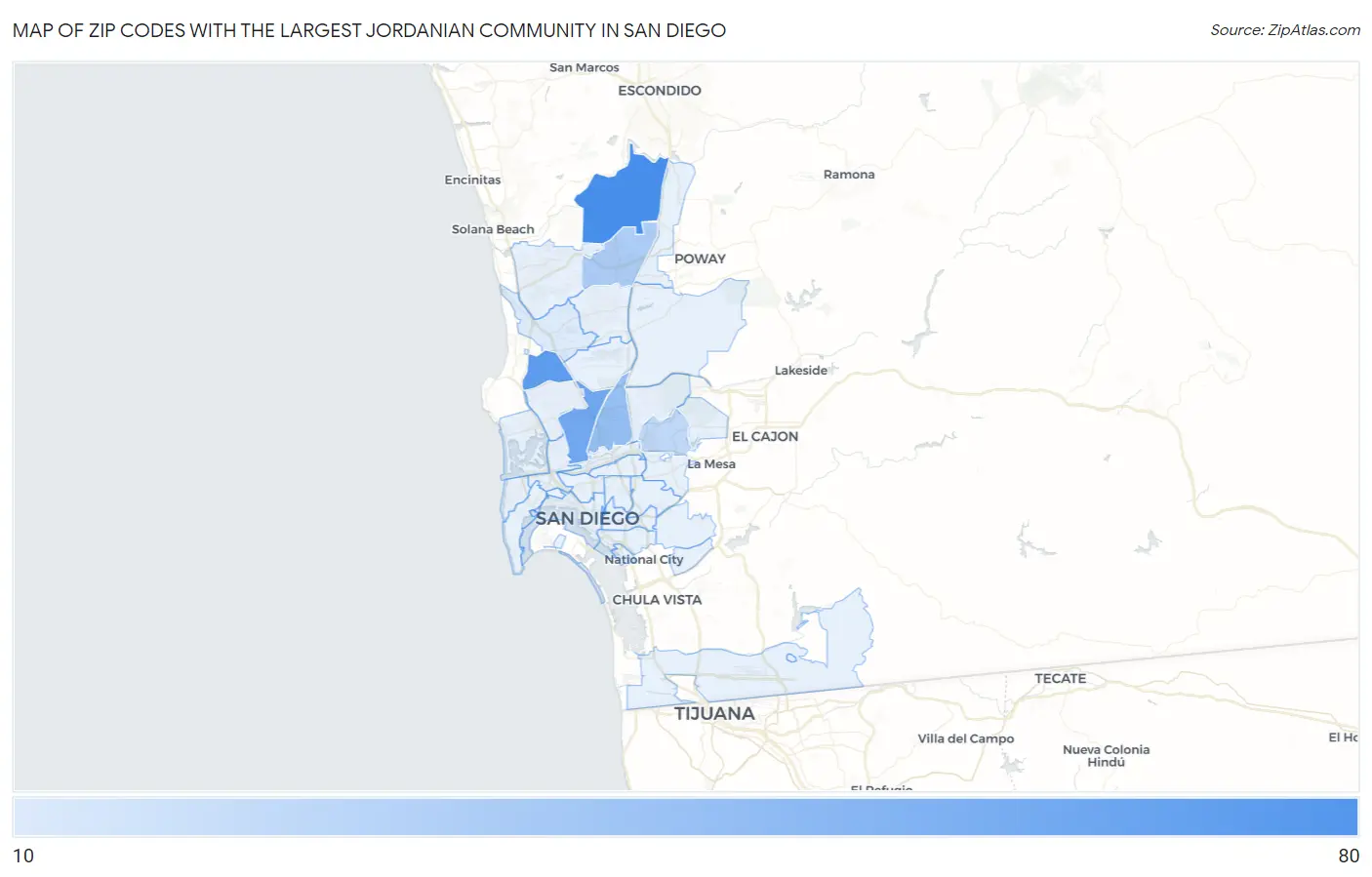 Zip Codes with the Largest Jordanian Community in San Diego Map