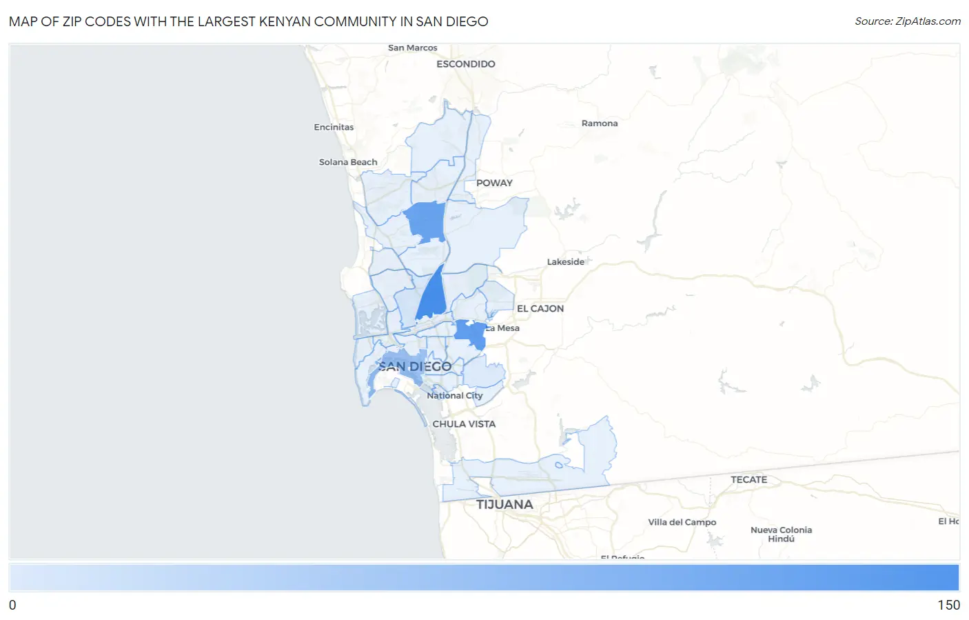 Zip Codes with the Largest Kenyan Community in San Diego Map