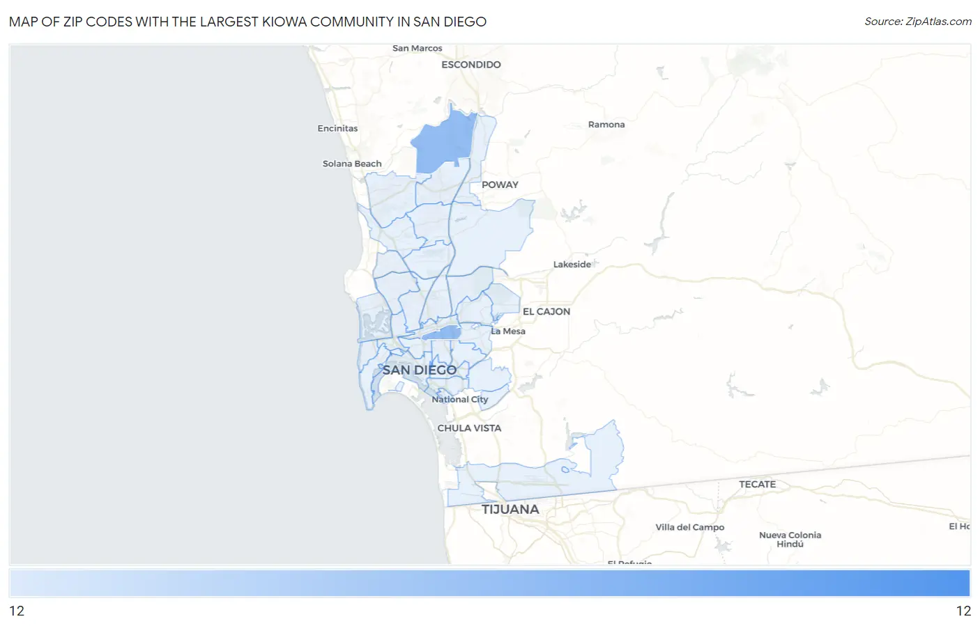 Zip Codes with the Largest Kiowa Community in San Diego Map