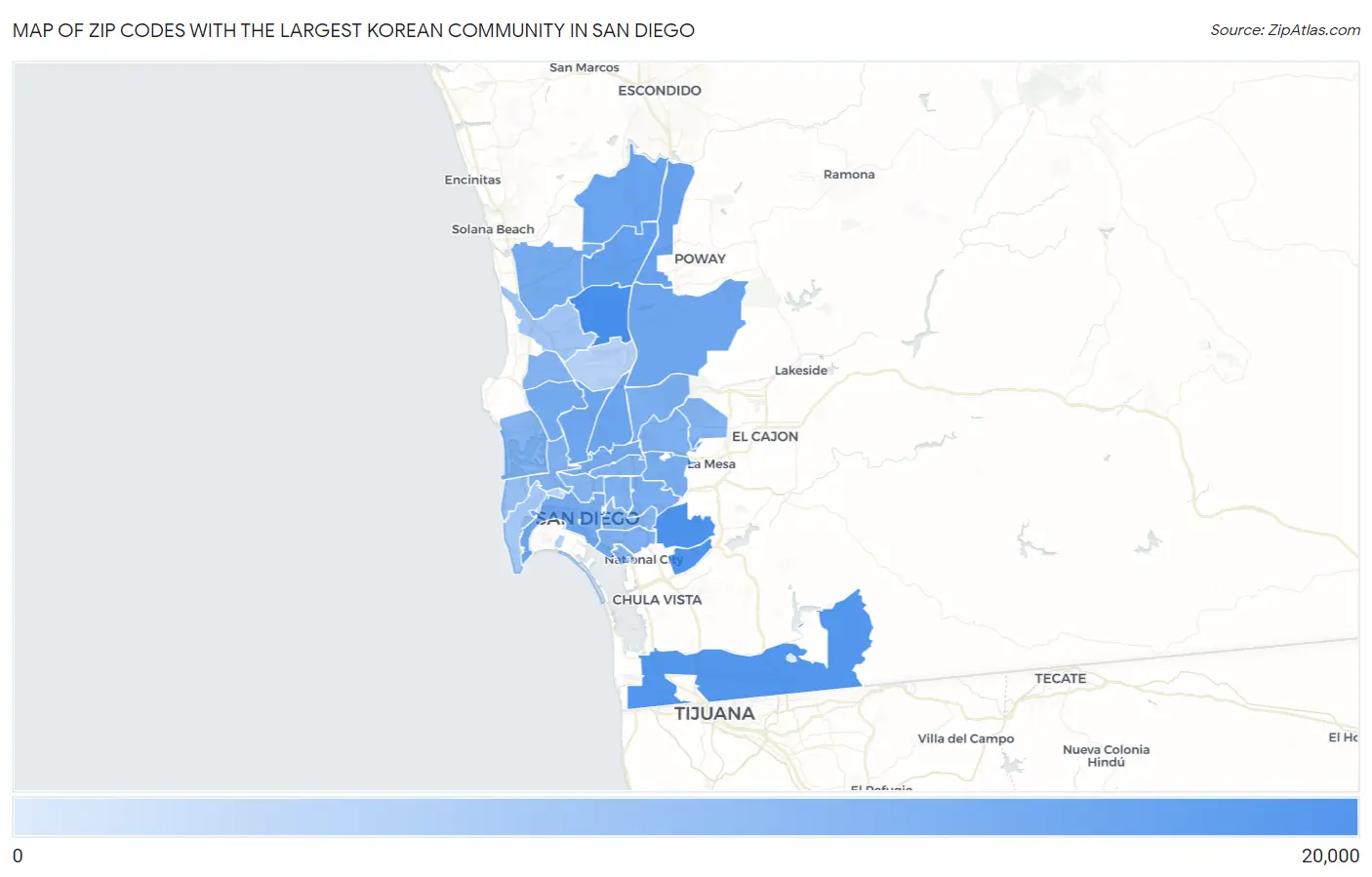 Zip Codes with the Largest Korean Community in San Diego Map