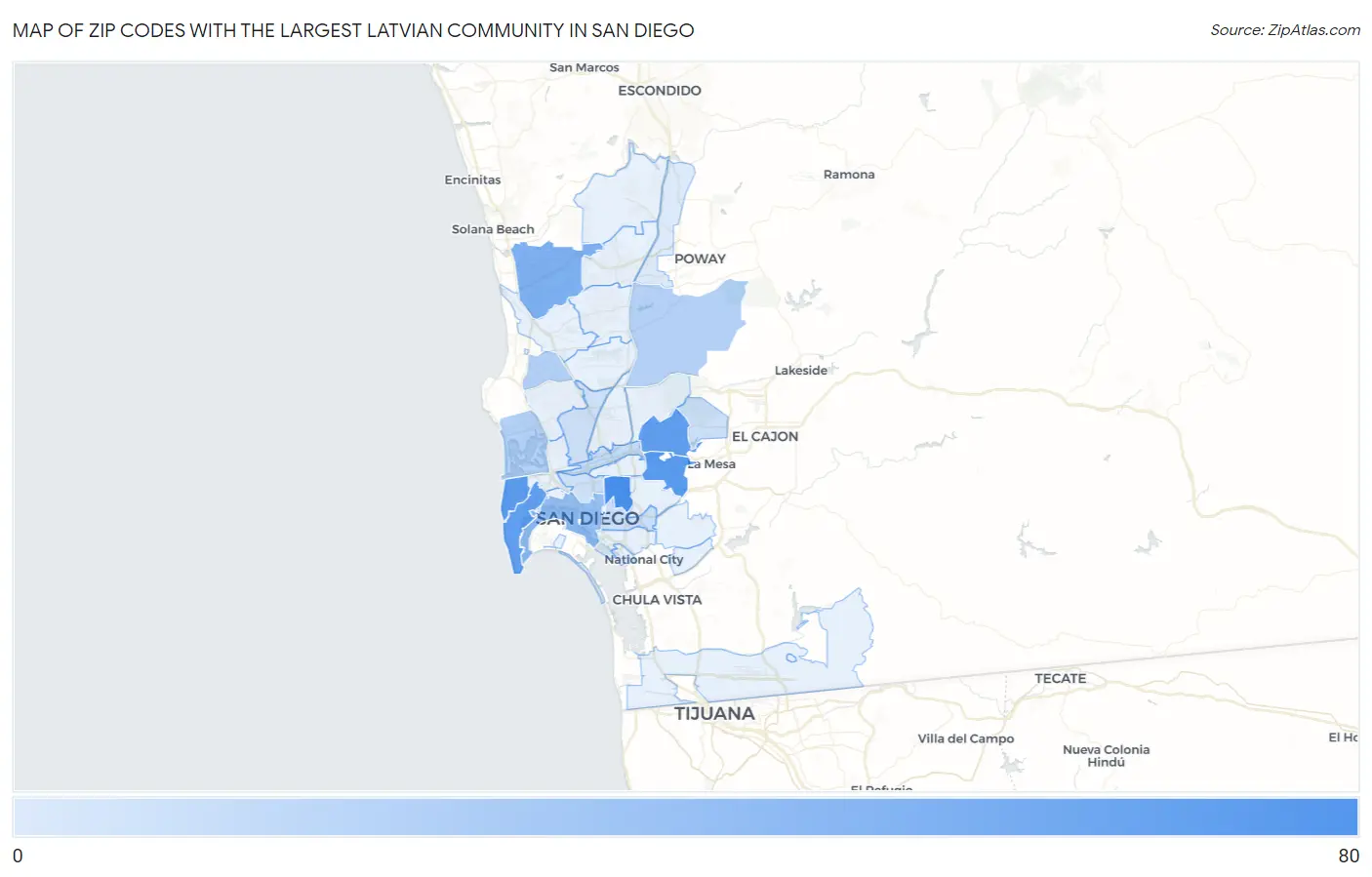 Zip Codes with the Largest Latvian Community in San Diego Map