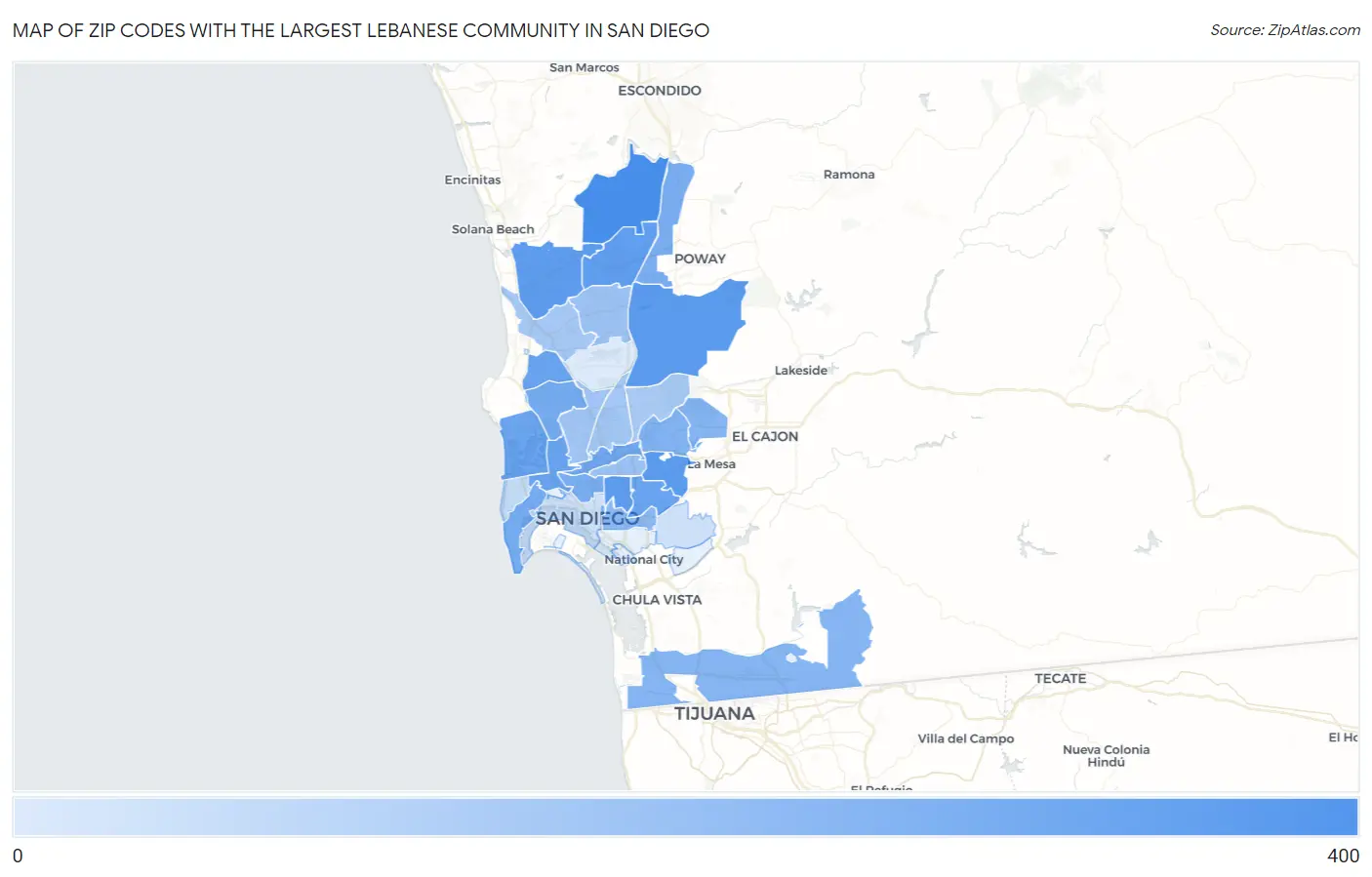 Zip Codes with the Largest Lebanese Community in San Diego Map