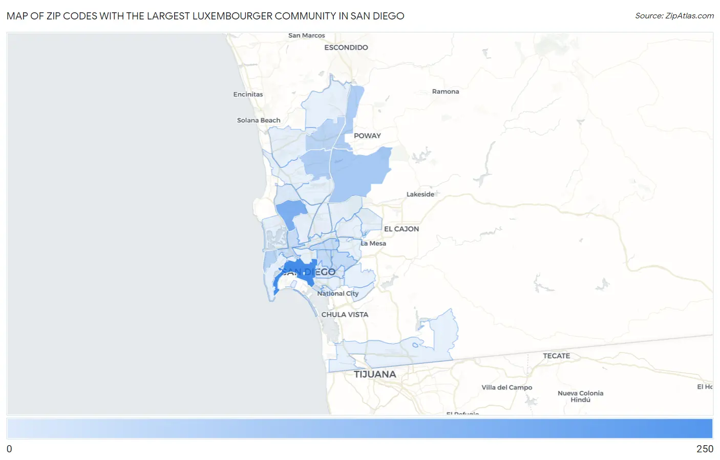 Zip Codes with the Largest Luxembourger Community in San Diego Map