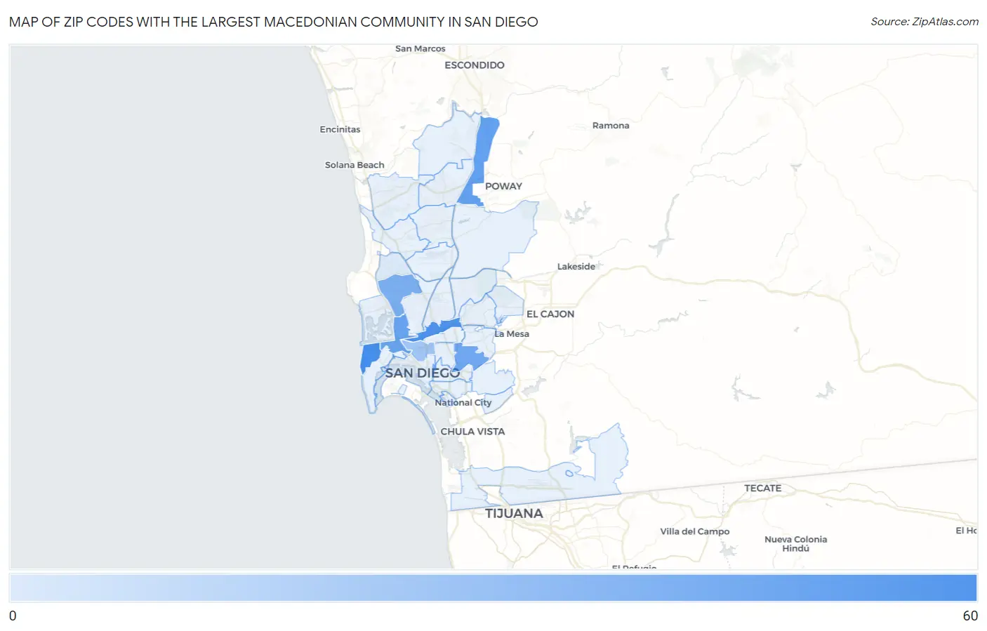 Zip Codes with the Largest Macedonian Community in San Diego Map