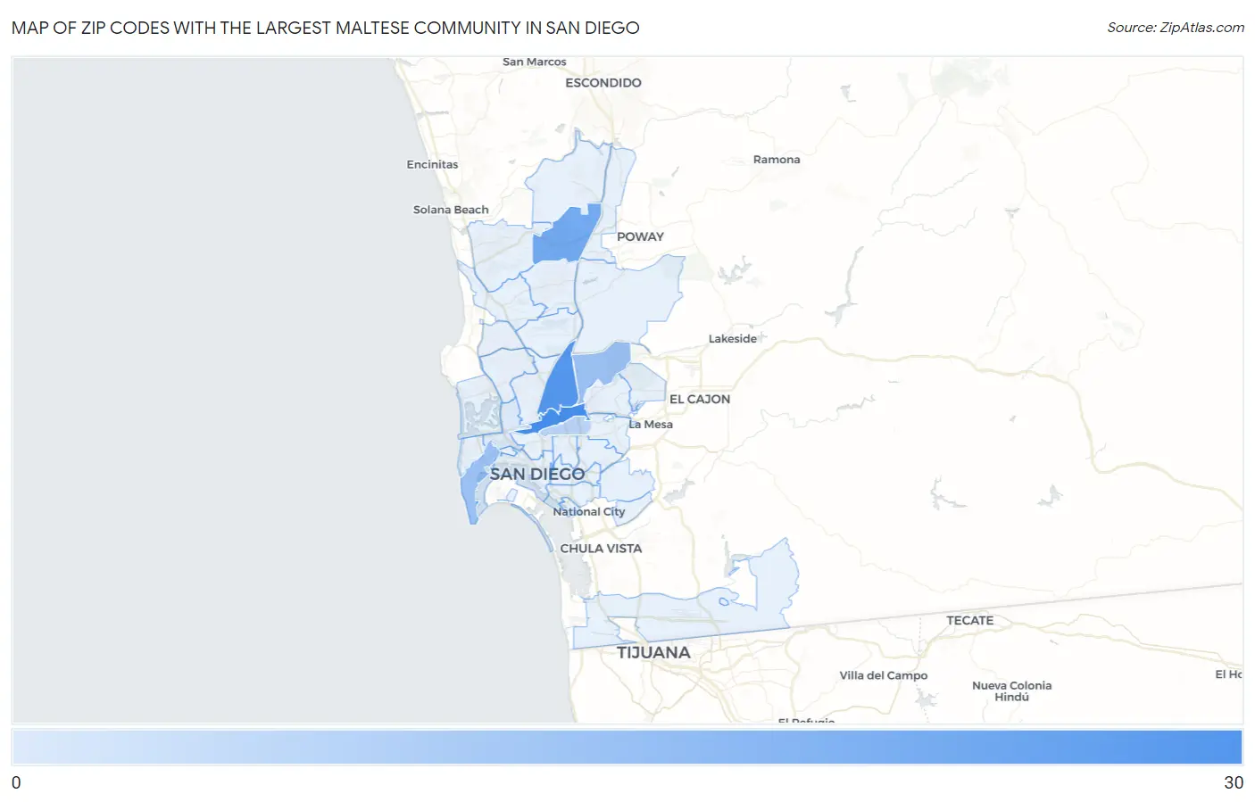 Zip Codes with the Largest Maltese Community in San Diego Map