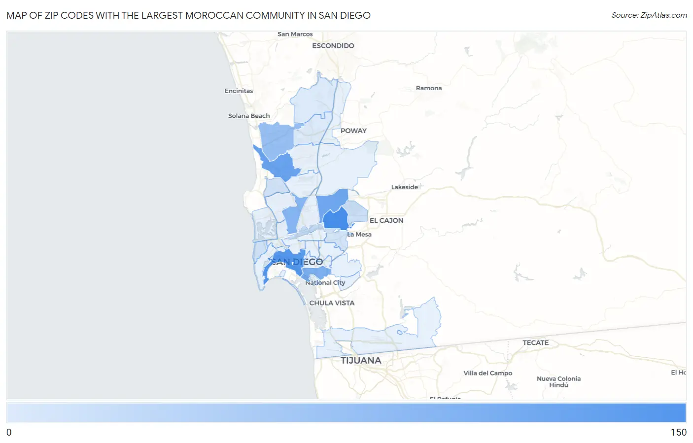 Zip Codes with the Largest Moroccan Community in San Diego Map