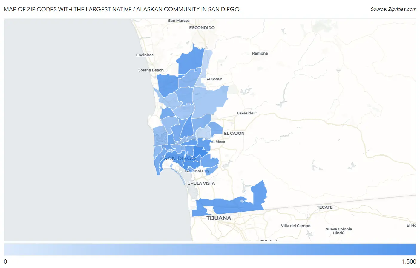 Zip Codes with the Largest Native / Alaskan Community in San Diego Map