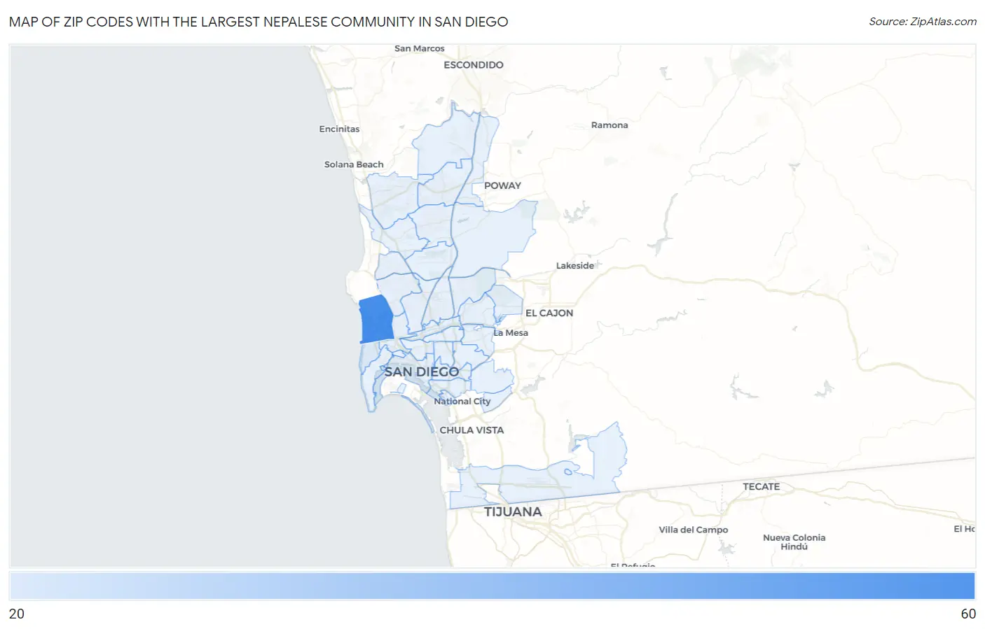Zip Codes with the Largest Nepalese Community in San Diego Map