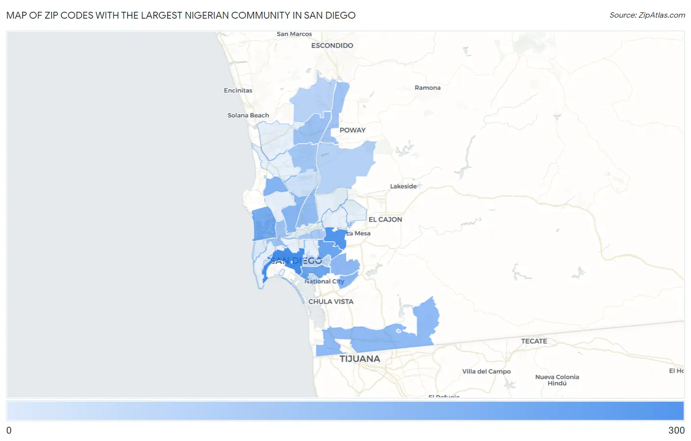 Zip Codes with the Largest Nigerian Community in San Diego Map