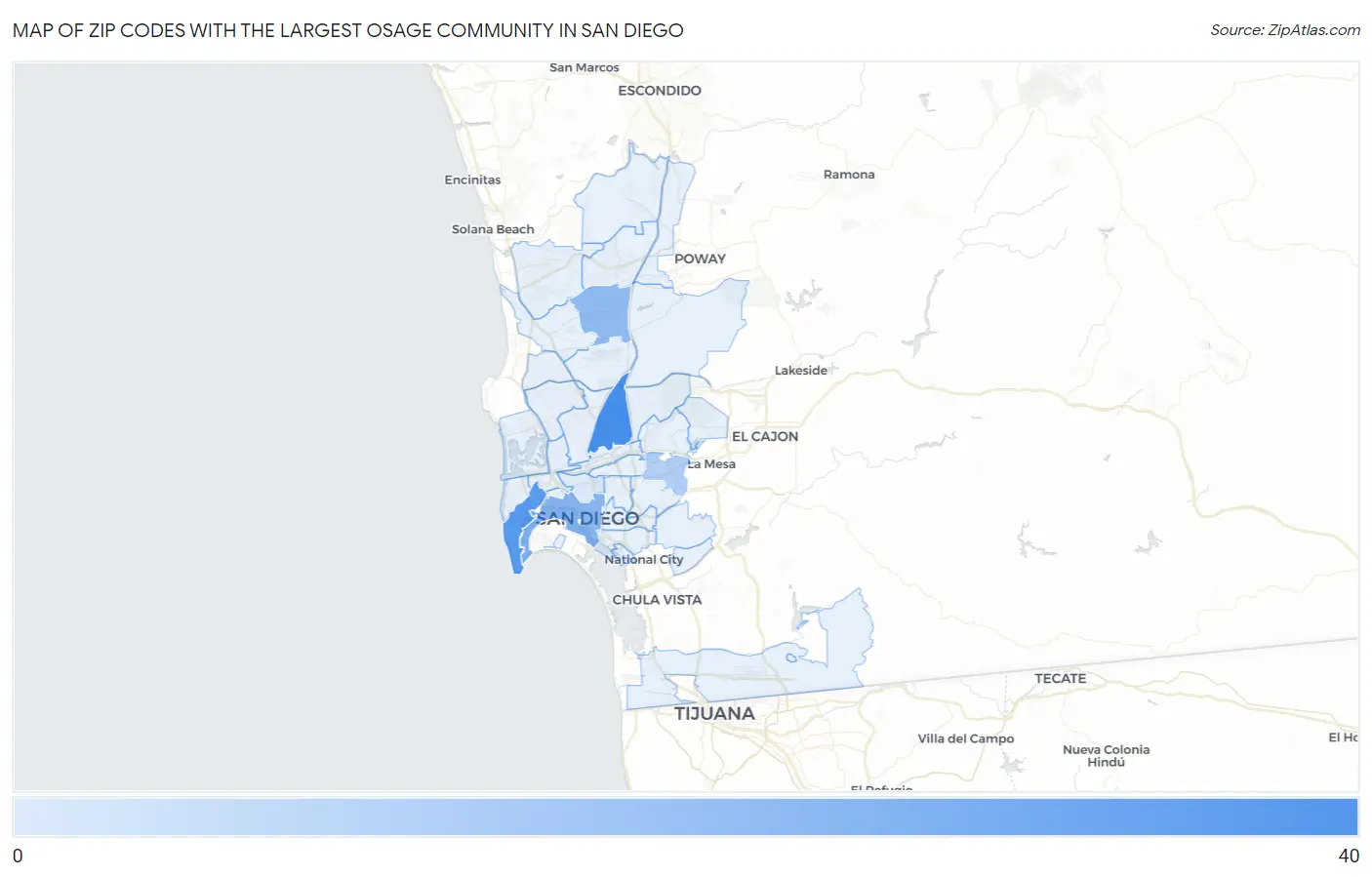 Zip Codes with the Largest Osage Community in San Diego Map