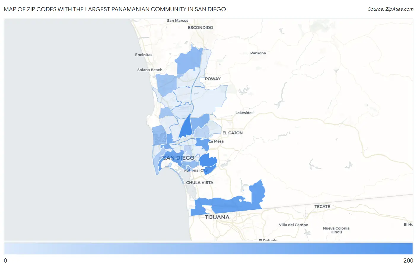Zip Codes with the Largest Panamanian Community in San Diego Map