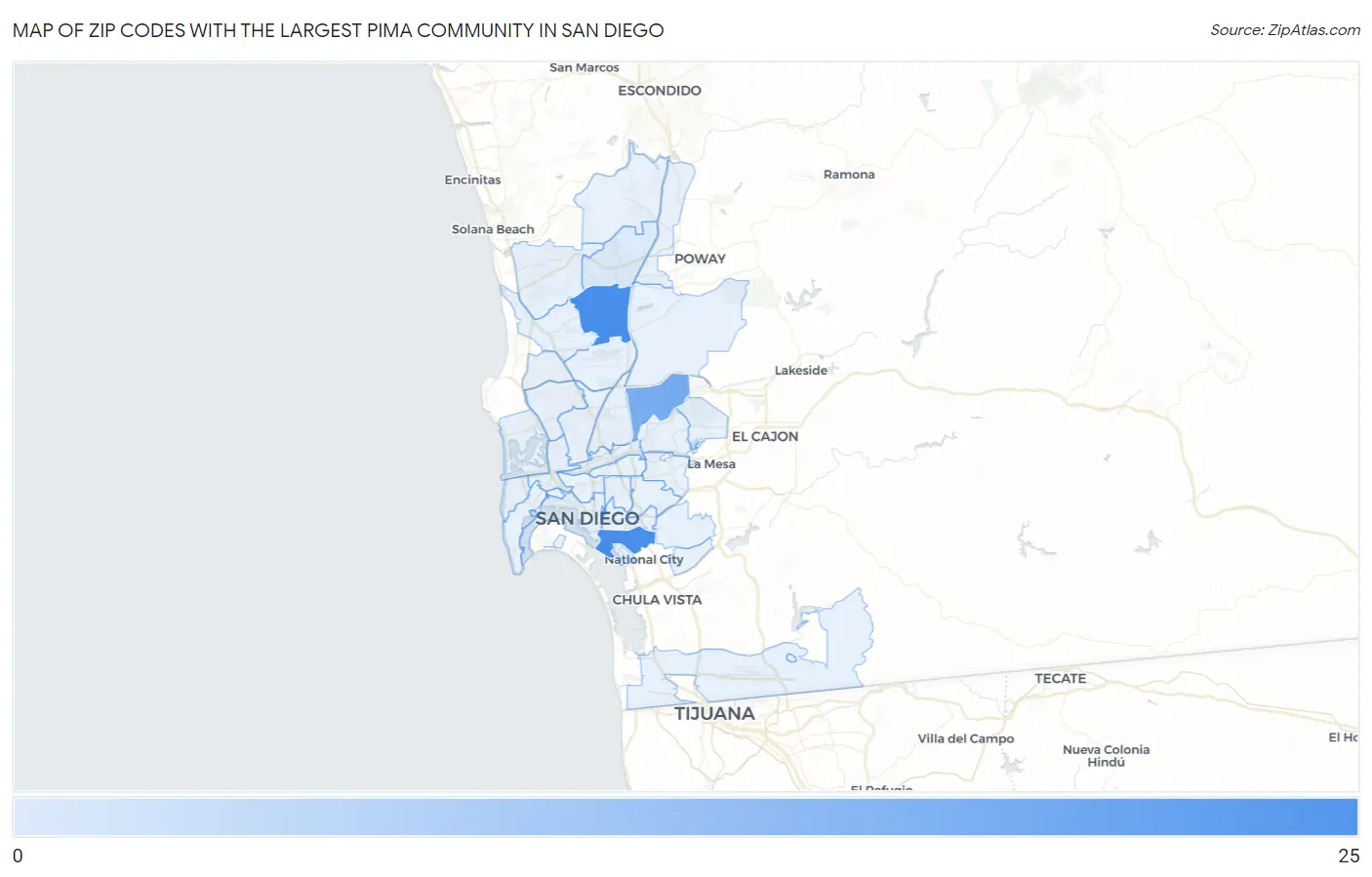 Zip Codes with the Largest Pima Community in San Diego Map