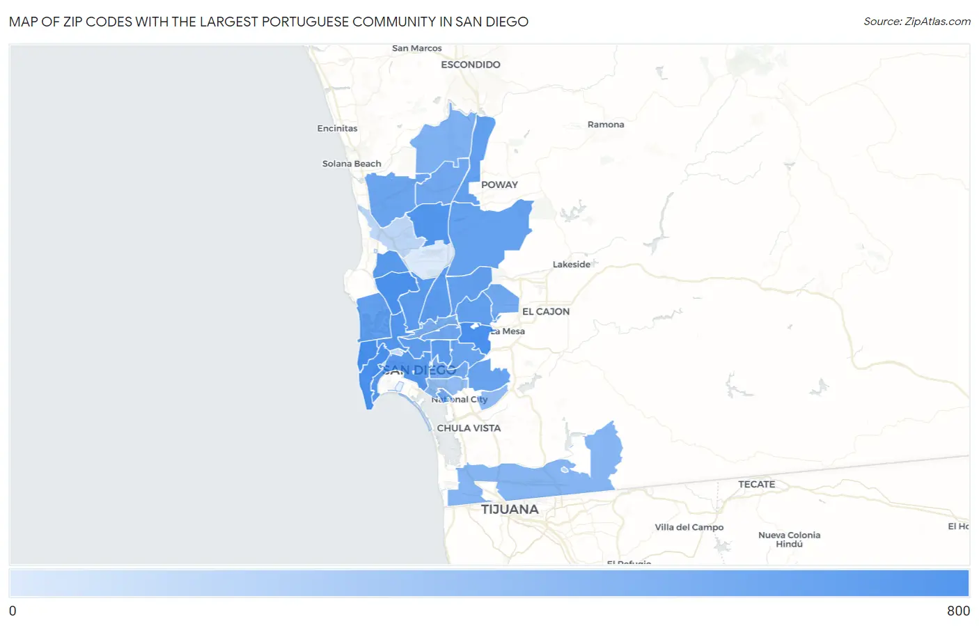 Zip Codes with the Largest Portuguese Community in San Diego Map