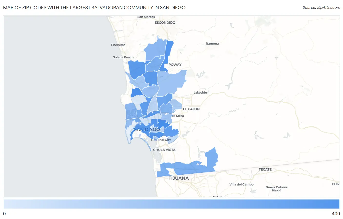 Zip Codes with the Largest Salvadoran Community in San Diego Map