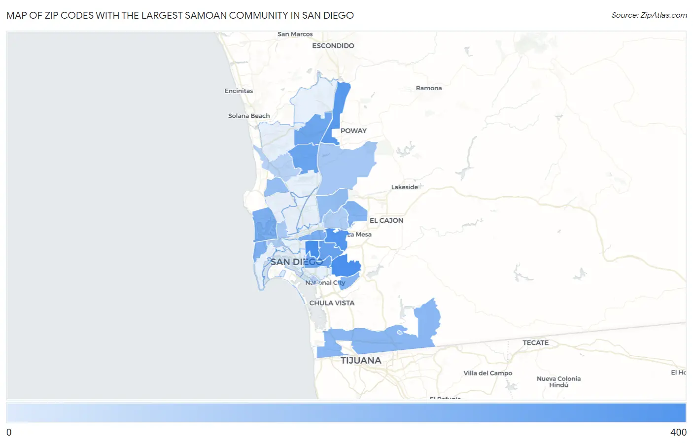 Zip Codes with the Largest Samoan Community in San Diego Map
