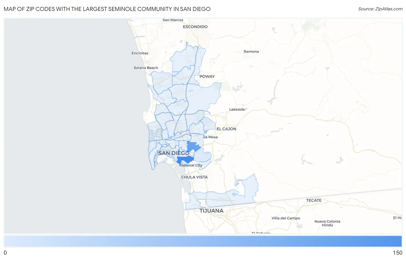 Zip Codes with the Largest Seminole Community in San Diego Map