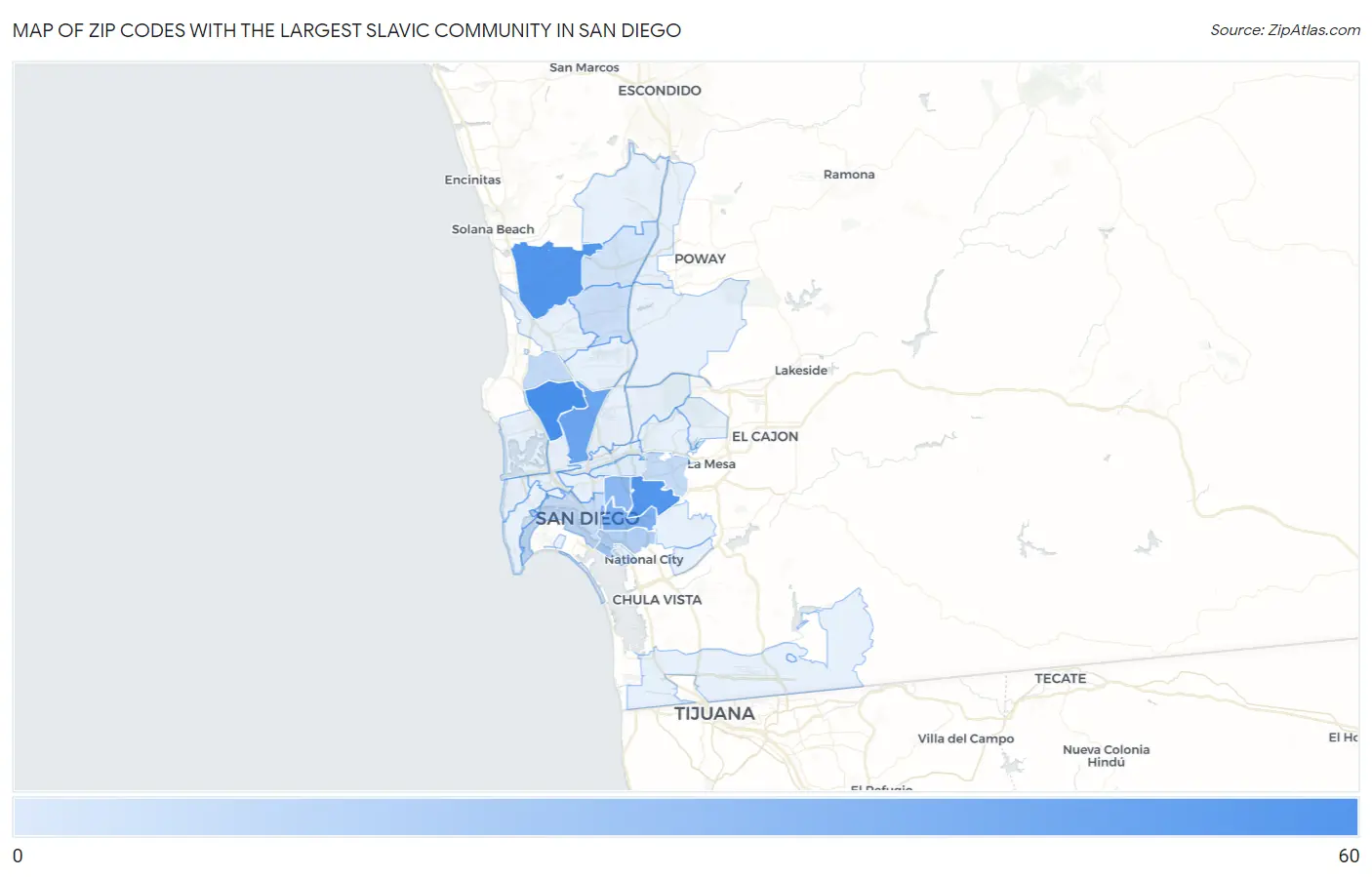 Zip Codes with the Largest Slavic Community in San Diego Map