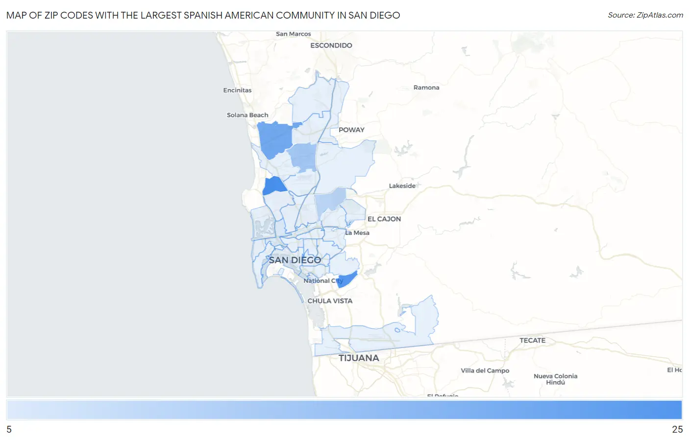 Zip Codes with the Largest Spanish American Community in San Diego Map