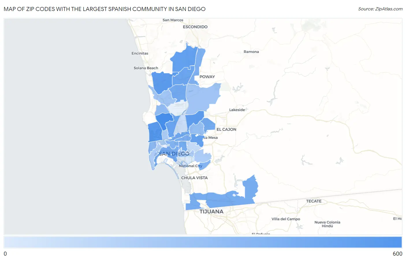 Zip Codes with the Largest Spanish Community in San Diego Map
