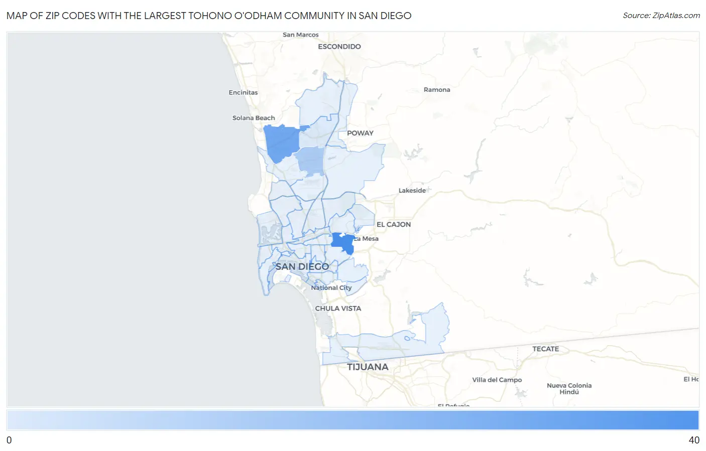 Zip Codes with the Largest Tohono O'Odham Community in San Diego Map
