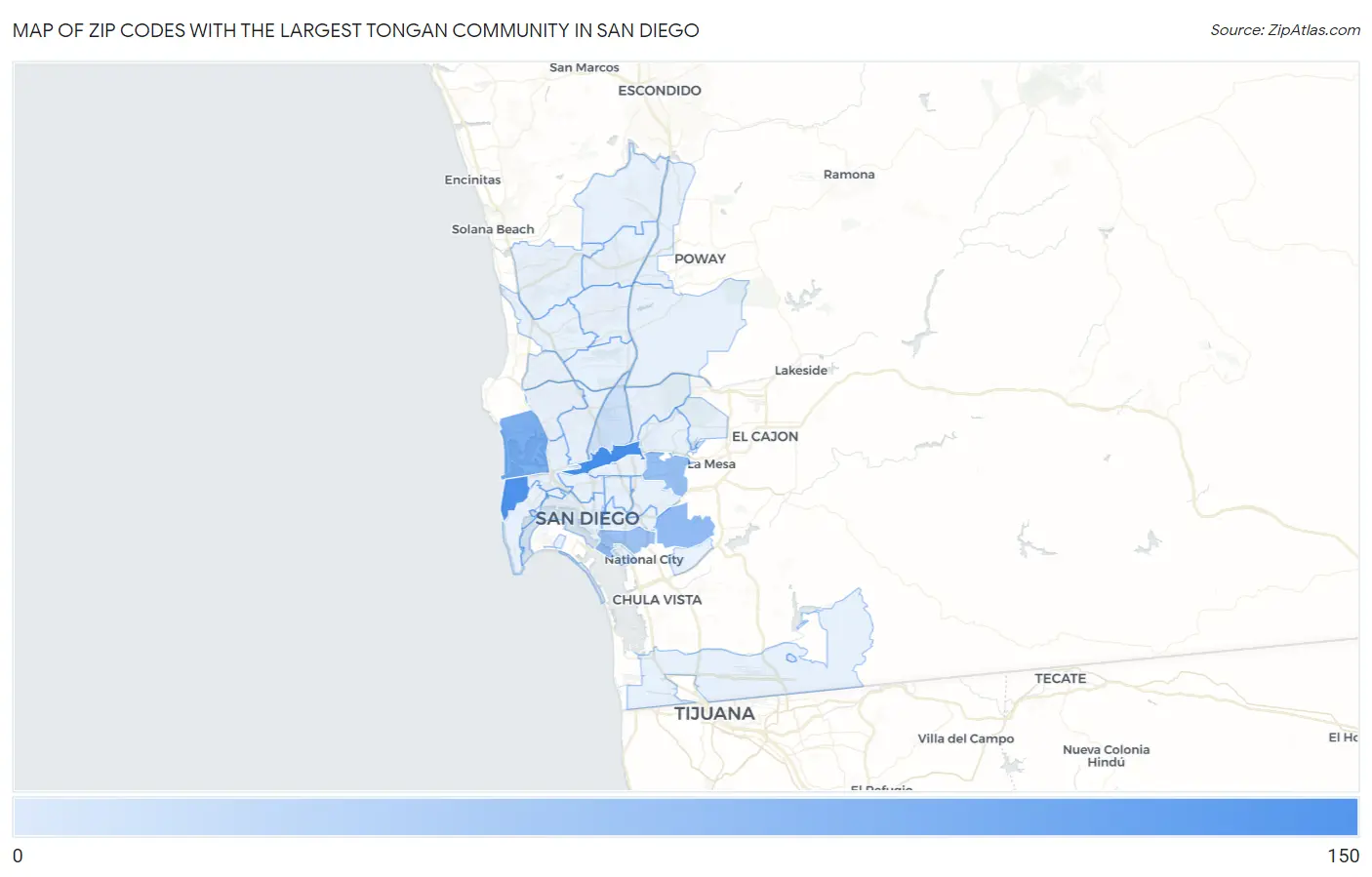 Zip Codes with the Largest Tongan Community in San Diego Map