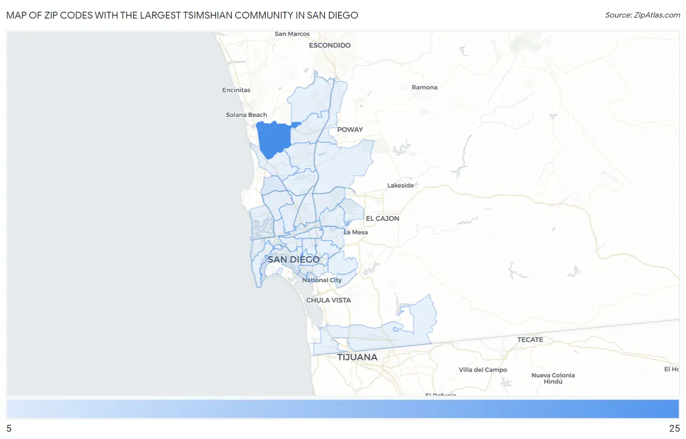 Zip Codes with the Largest Tsimshian Community in San Diego Map