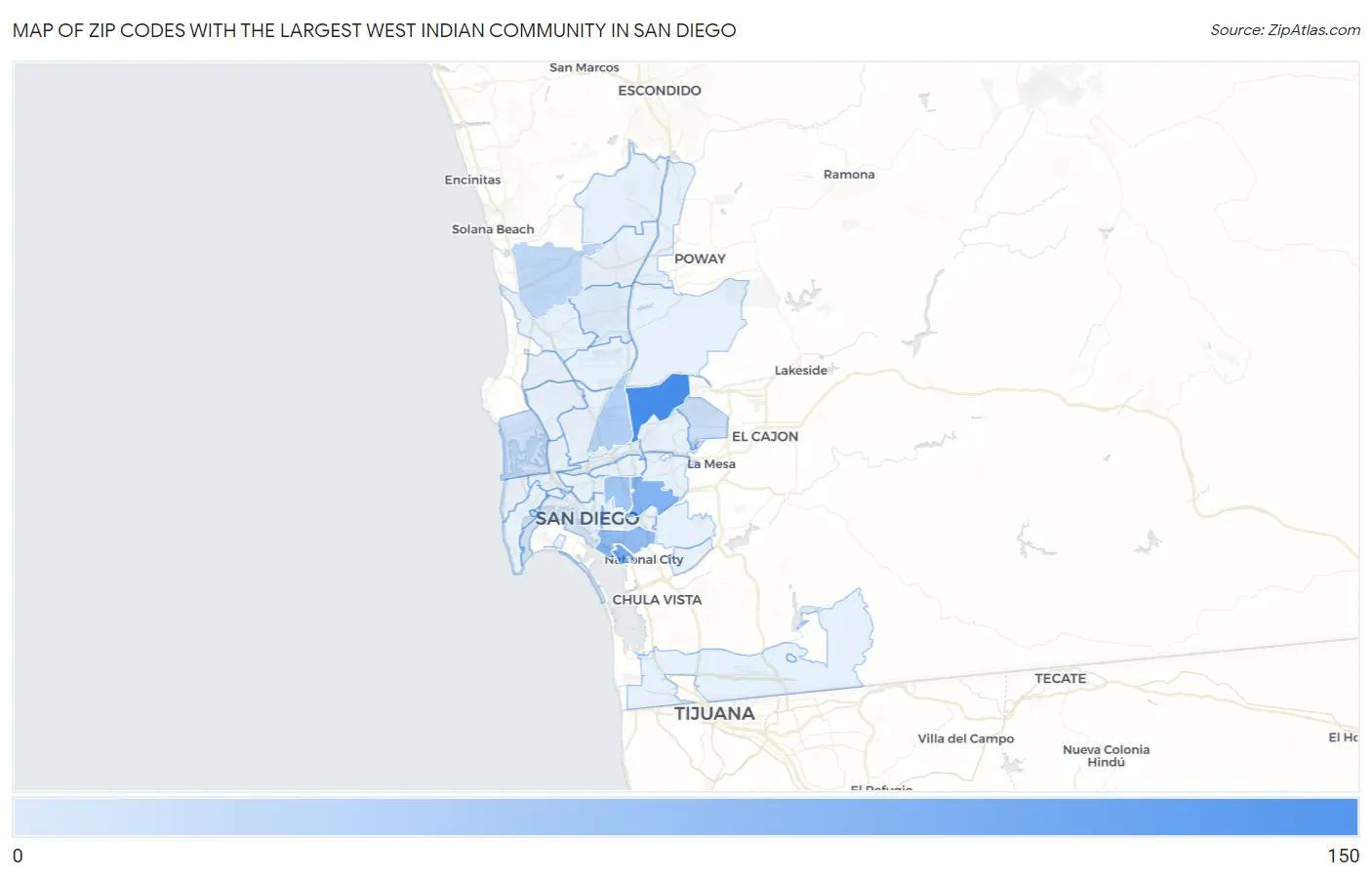 Zip Codes with the Largest West Indian Community in San Diego Map