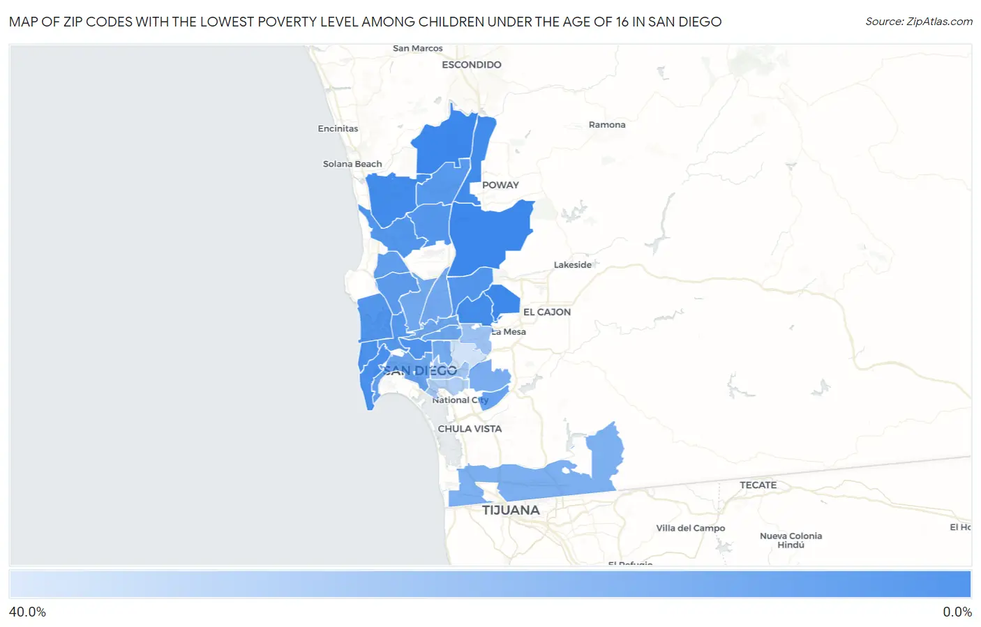 Zip Codes with the Lowest Poverty Level Among Children Under the Age of 16 in San Diego Map