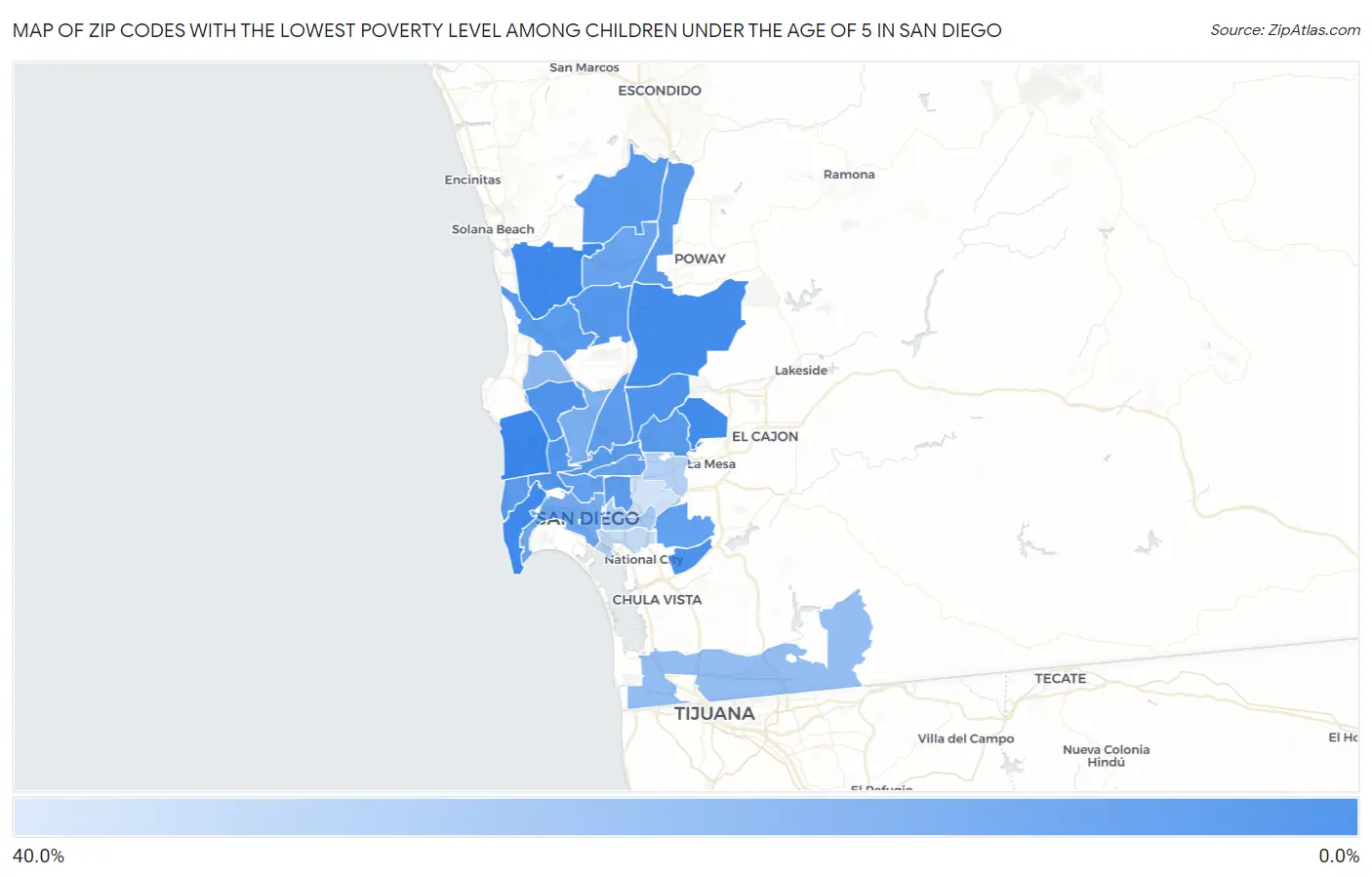 Zip Codes with the Lowest Poverty Level Among Children Under the Age of 5 in San Diego Map