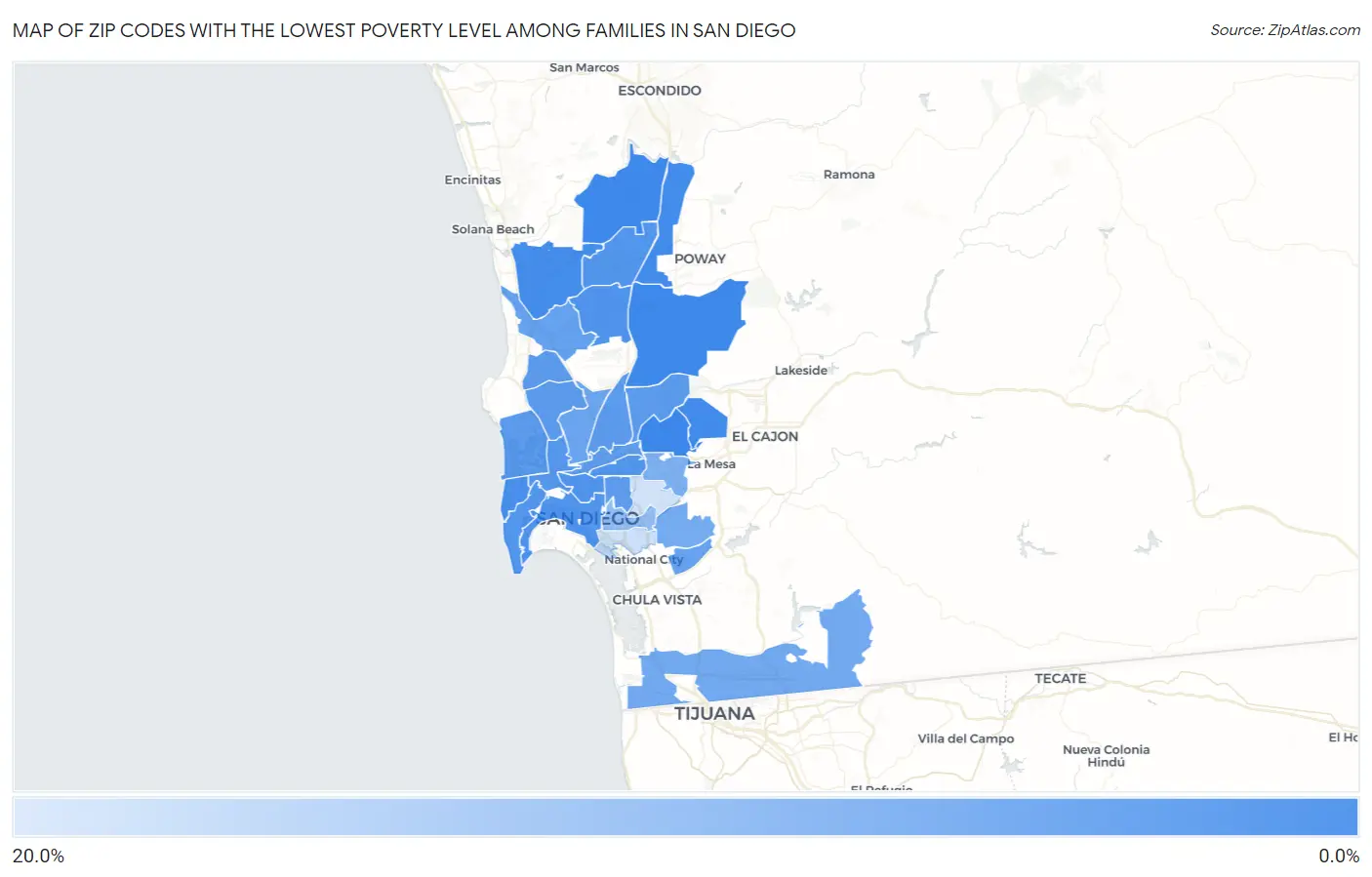 Zip Codes with the Lowest Poverty Level Among Families in San Diego Map