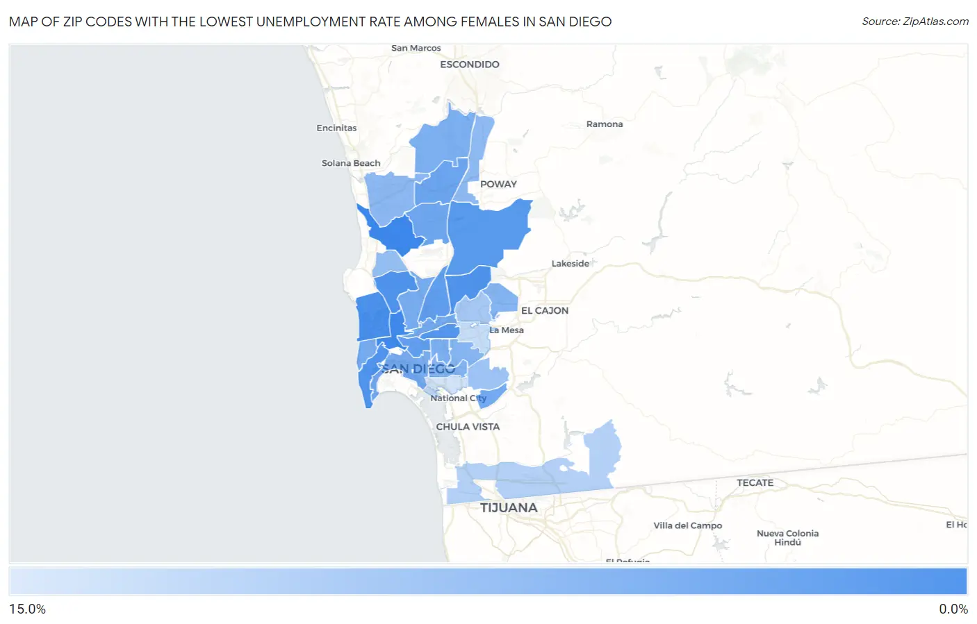 Zip Codes with the Lowest Unemployment Rate Among Females in San Diego Map