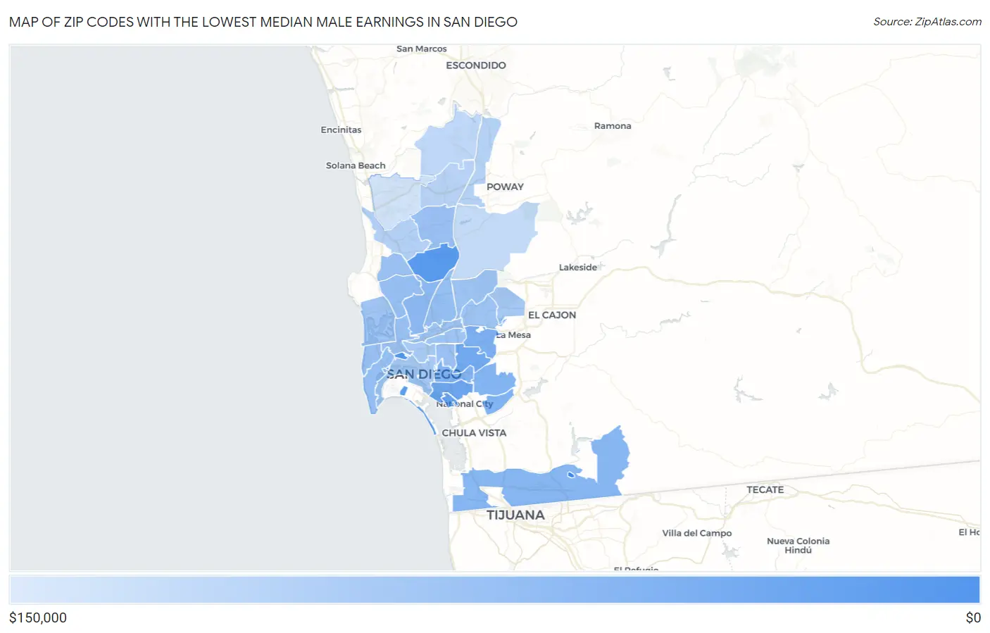 Zip Codes with the Lowest Median Male Earnings in San Diego Map