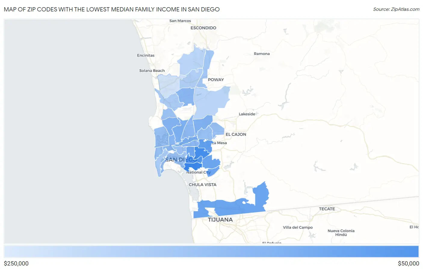 Zip Codes with the Lowest Median Family Income in San Diego Map