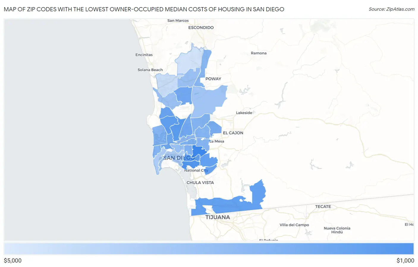 Zip Codes with the Lowest Owner-Occupied Median Costs of Housing in San Diego Map